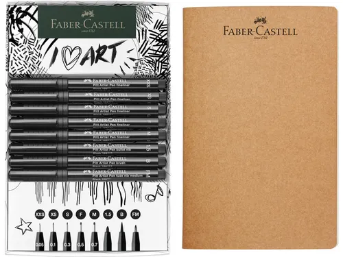 Tekenset Faber-Castell 8x pitt artist pen zwart incl. schetsboek 140gr