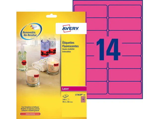 Etiket Avery L7363P-25 99.1x38.1mm Neon Roze 350 Stuks