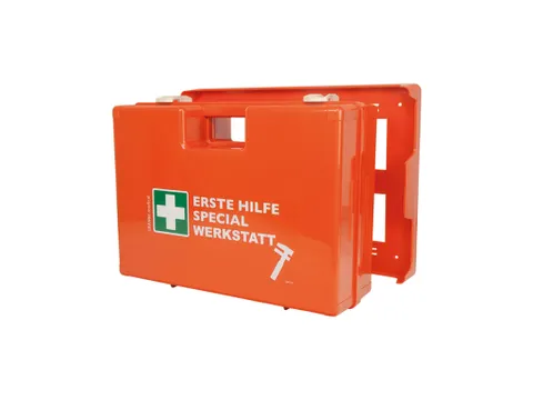 verbandkoffer,v. werkplaats,DIN 13157,ABS oranje,m. wandhouder