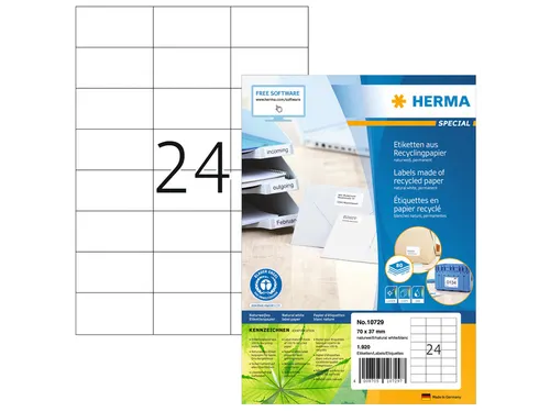 HERMA 10729 Etiketten gerecycled papier A4 70x37mm Wit 1920 stuks