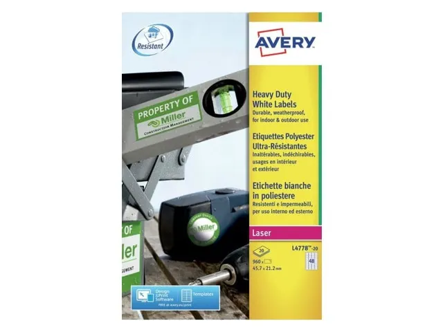 Etiquettes ultra-résistantes Avery blanches laser, 45,7 x 21,2 mm