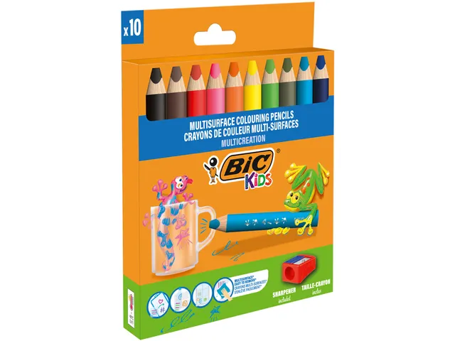 Kleurpotloden BicKids Multi Surface + puntenslijper assorti 10 stuks