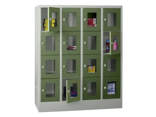 lockerkast,HxBxD 1518x1200x500mm,4x4vakken,RAL7035,front RAL6011