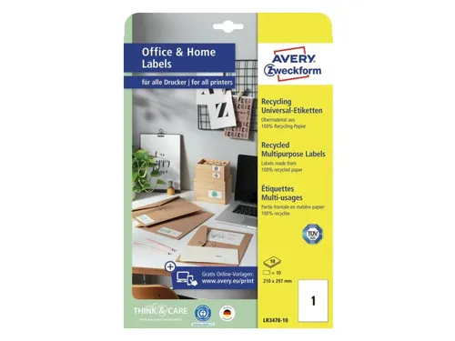 Etiket Avery Zweckform LR3478-10 210x297mm recycled Wit 10 stuks