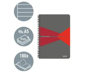 Notitieboek Leitz Office A5 lijn 180pag grijs rood - 2