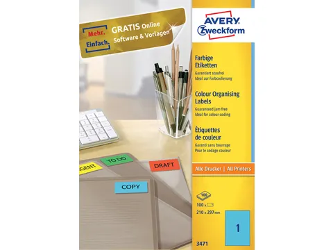 Gekleurde Etiketten Avery Zweckform 210x297mm A4 Blauw 100 stuks