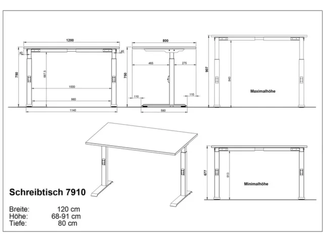 In hoogte verstelbaar bureau,HxBxD 680-910x1200x800mm,blad grafiet