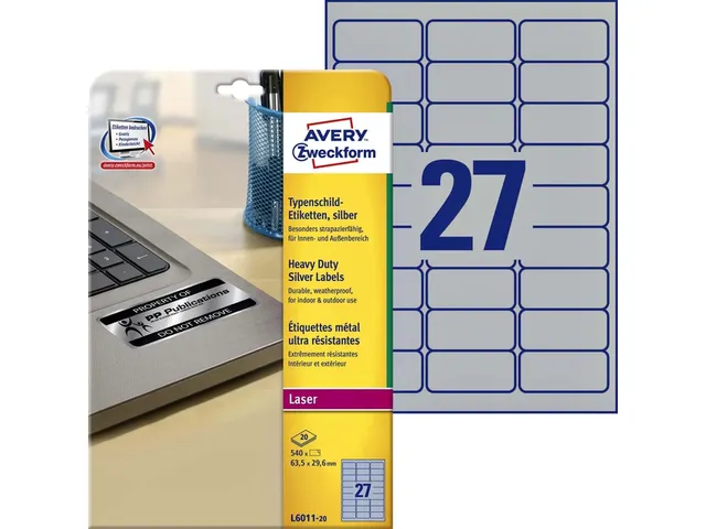 Inventaris etiketten Avery L6011-20 63.5x29.6mm Zilver 540 stuks