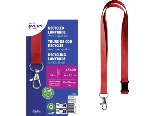 Lanyard Avery rPET rood 440x15mm met karabijnhaak 10 stuks