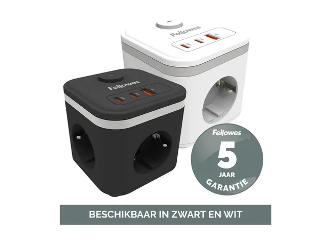 Stekkerblok Fellowes Power Cube F 3-voudig 1xUSB-A 2xUSB-C 2m zwart