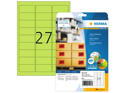 HERMA 5143 Gekleurde etiketten A4 63,5x29,6mm Neon Groen 540 stuks