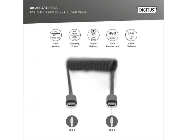 USB - Type C naar USB - Type C veerkabel TPU USB 2.0 PD60W Max; 1m