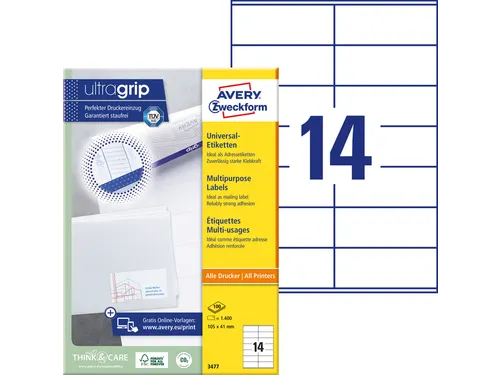 Etiket Avery Zweckform 3477 105x41mm wit 1400stuks