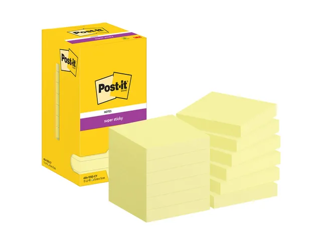 Memoblok Post-it 654 Super Sticky 76x76mm canary yellow 12 stuks