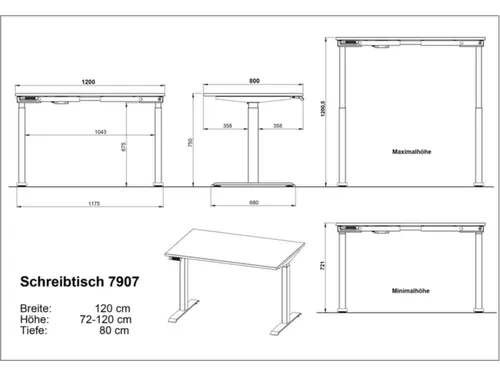 Elektrisch ihv bureau,HxBxD 720-1200x1200x800mm,blad wit