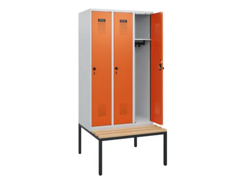 locker met bank,HxBxD 1950x900x815mm,3vak,vak B 300mm,draaigrendel