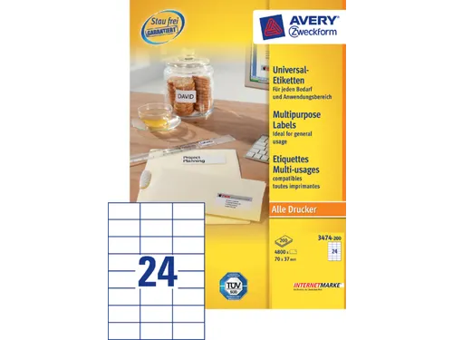 Etiket Avery Zweckform 3474-200 70x37mm wit 4800stuks