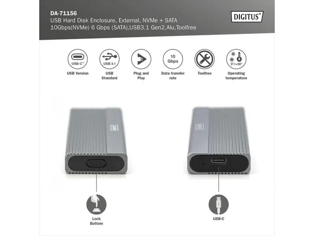 USB externe harde schijf behuizing NVMe+SATA USB3.1 Gen2 Alu Wolfraam