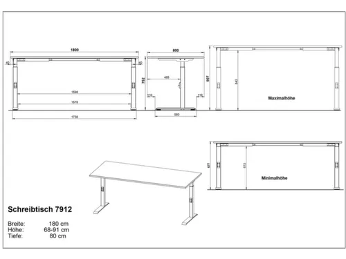 In hoogte verstelbaar bureau,HxBxD 680-910x1800x800mm,blad wit