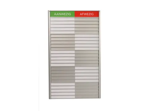 Menoor In-Uit bord 25 namen Aluminium Aanwezig/Afwezig Groen/rood