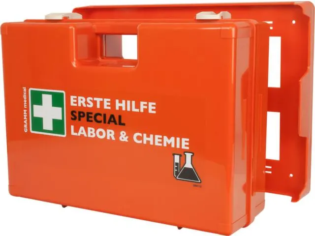 mallette de secours,p. chimie,DIN 13157,ABS orange,av. support mural