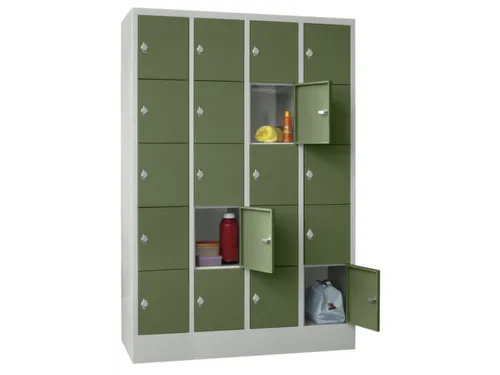 lockerkast,HxBxD 1850x1200x500mm,4x5vakken,RAL7035,front RAL6011