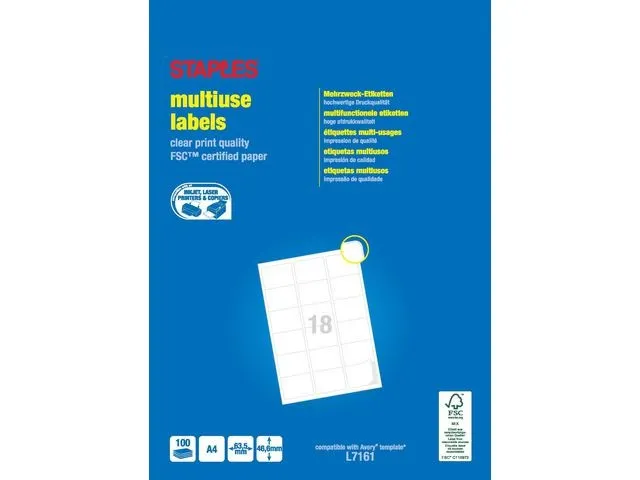 Etiquette Multi-usages Blanche - Staples - 46,6 X 63,5 Mm - Boïte De