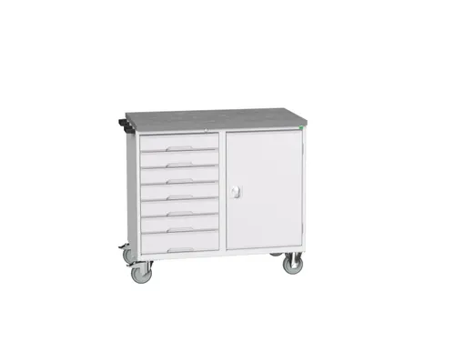 montagetafel 980x1300x600mm linoleumblad 7 laden kast front RAL7035