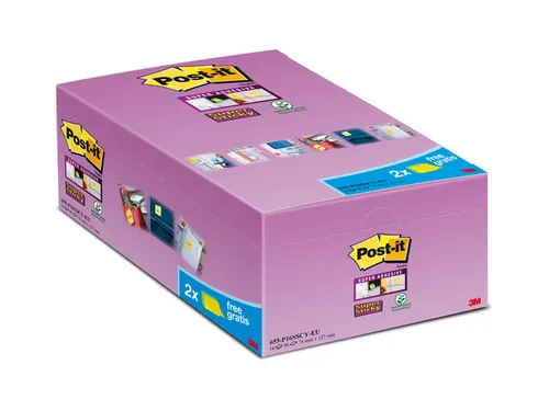 Memoblok 3M Post-it 655 Super Sticky 76x127mm geel 14+2 gratis