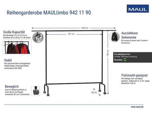 Garderoberek MAUL Limbo 156x127(tot 220)x50cm mobiel (zijarmen)