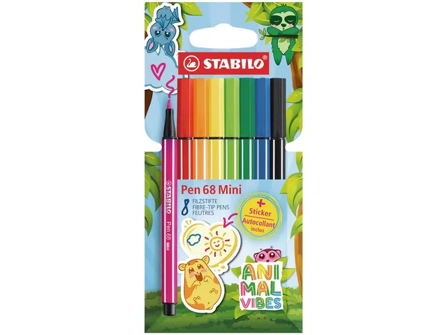 Feutre STABILO Pen 68 mini Animal Vibes assorti blister 8 pièces