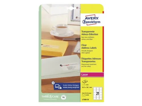 Adresetiket Avery 63.5x38.1mm transparant Laserprinter 525 stuks