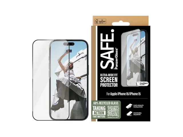 PanzerGlass SAFE. by Screen Protection w. Black Frame iPhone 16 | 1