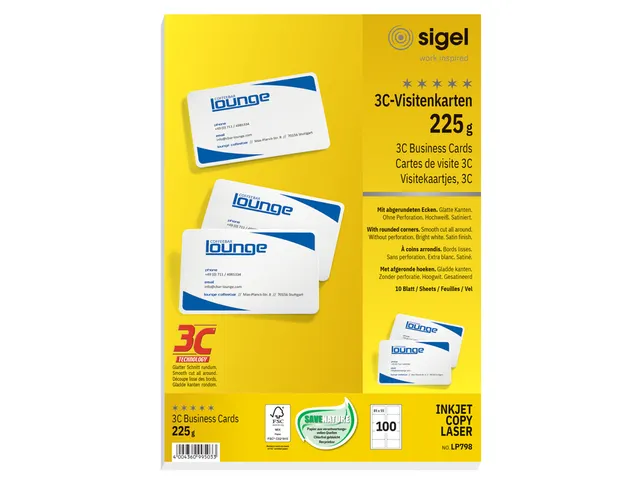 Cartes de visite Sigel 85x55mm uni 225g coins arrondis blanc 100 pièc