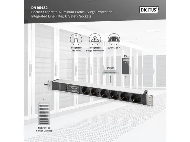 Stekkerdoos Met Aluminium Profiel 6-voudig stopcontact 2m voedingskabe