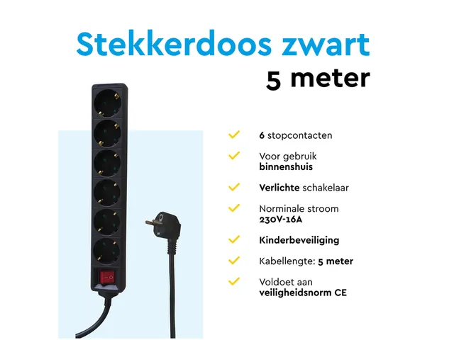 Stekkerdoos BRASQ 6 voudig 5 meter zwart