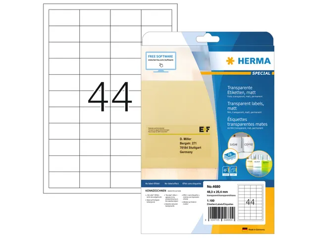 HERMA 4680 Transparante folie-etiketten Mat A4 48,3x25,4mm 1100 stuks