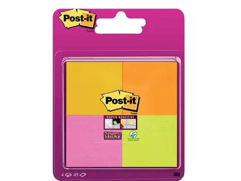 Memoblok Post-it 6910 Super Sticky 51x51mm assorti 4 stuks