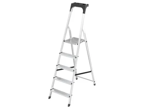 aluminium trapladder,eenzijdig,5treden,bordes geribbeld,stand H 1,04m