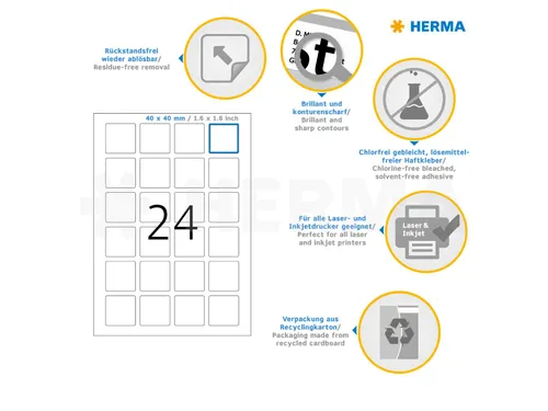 HERMA 10108 Verwijderbare etiketten A4 40x40mm Wit 600 stuks