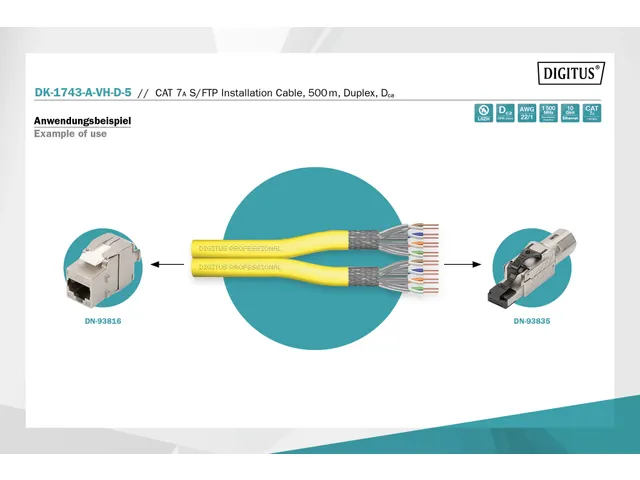 CAT 7A S-FTP installatiekabel 1500MHz Dca AWG 22/1 500m haspel Dx Geel