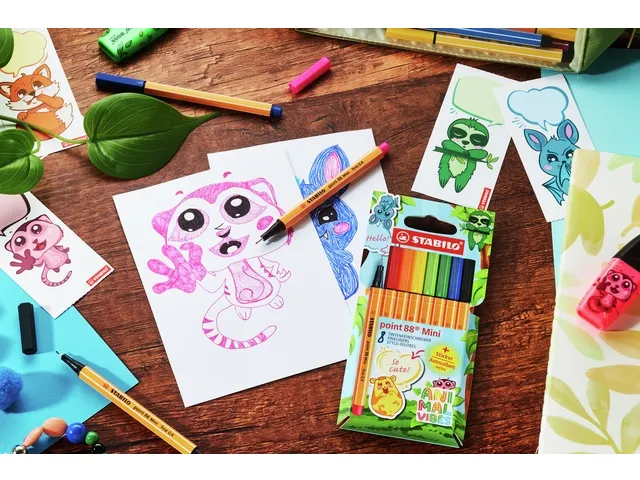 Fineliner STABILO point 88 Animal Vibes mini fijn assorti 8 stuks