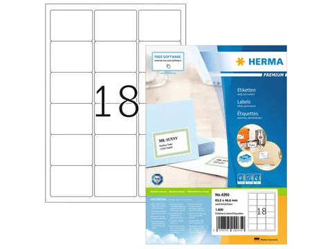 Herma 4265 Premium Adresetiketten A4 63,5x46,6mm Wit 1800 stuks