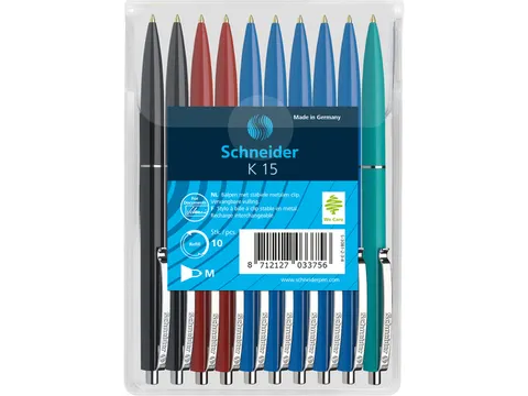 stylo bille Schneider K15 10pces. Couleurs assorties dans une pochette