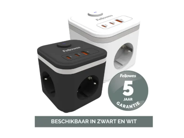 Stekkerblok Fellowes Power Cube F 3-voudig 1xUSB A 2xUSB C 2m wit