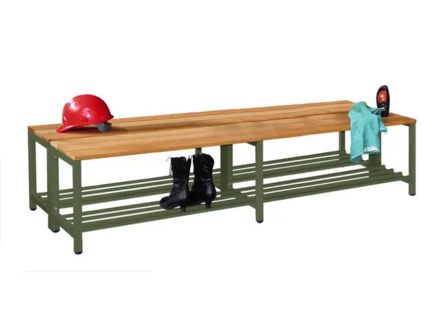 banc double LxP 2000x740mm barrettes en bois hêtre piètement RAL6011