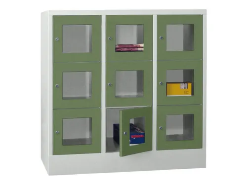 lockerkast,HxBxD 1187x1200x500mm,3x3vakken,RAL7035,front RAL6011