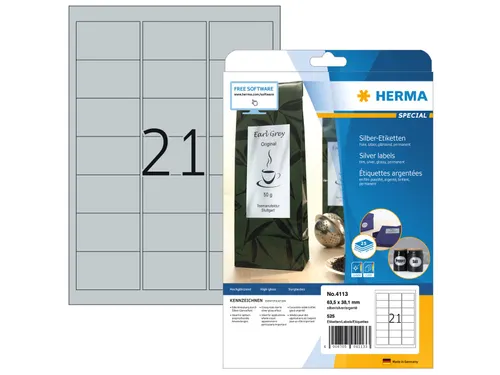 HERMA 4113 Zilver folie-etiketten A4 63,5x38,1mm Glossy 525 stuks