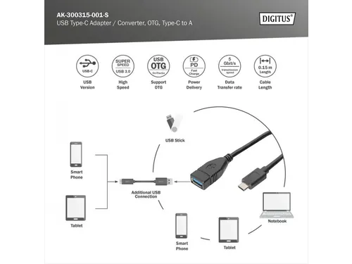 USB Type-C-adapterkabel OTG Type-C-A St/Bu 0,15m 3A 5GB 3.0-versie zwa
