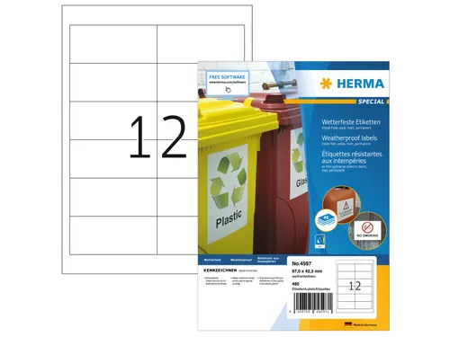 HERMA 4597 Weerbestendige Inkjet-etiketten A4 97x42,3mm wit 480 stuks